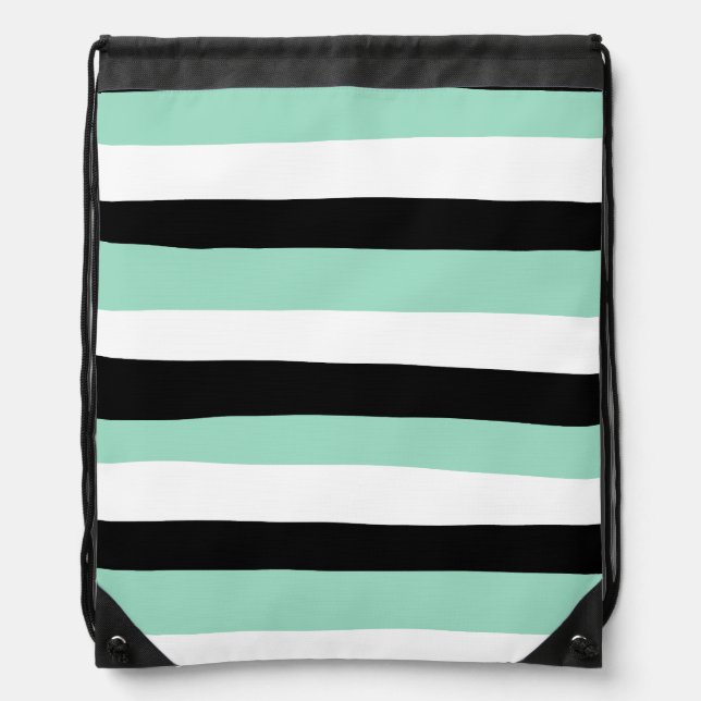 Uneven Stripes - Mint Green, White and Black Drawstring Bag (Front)