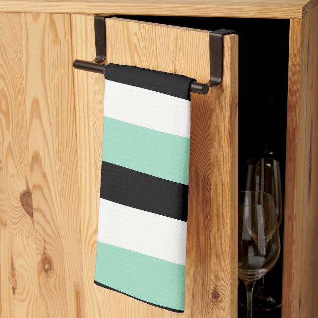 Uneven Stripes - Mint Green, White and Black Kitchen Towel (Thirds Fold)