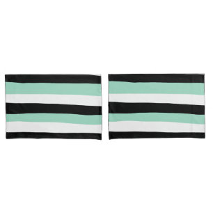 Uneven Stripes - Mint Green, White and Black Pillow Case