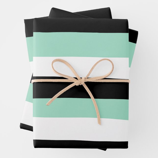 Uneven Stripes - Mint Green, White and Black Wrapping Paper Sheets (In situ)