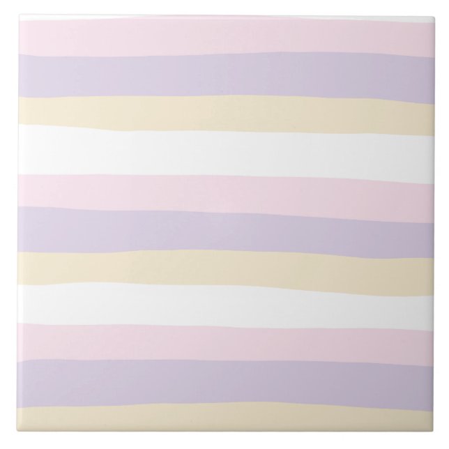 Uneven Stripes - Pastel Pink, Yellow and Purple Ceramic Tile (Front)