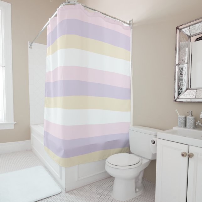 Uneven Stripes - Pastel Pink, Yellow and Purple Shower Curtain (In Situ)