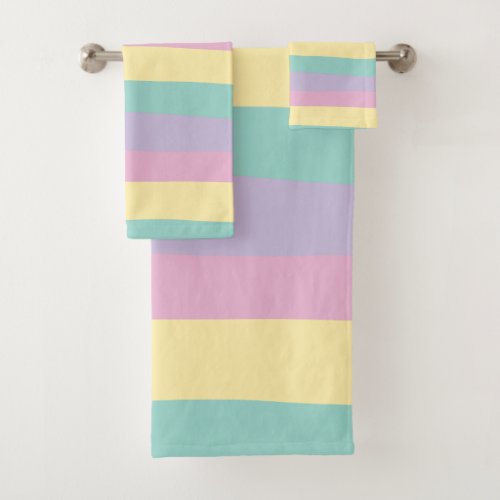 Uneven Stripes_Pastel Pink Yellow Purple  Green Bath Towel Set