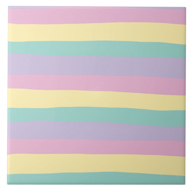 Uneven Stripes-Pastel Pink, Yellow, Purple & Green Ceramic Tile (Front)