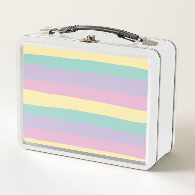 Uneven Stripes-Pastel Pink, Yellow, Purple & Green Metal Lunch Box (Front)