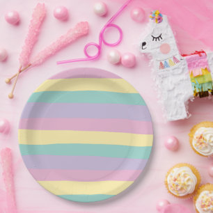 Uneven Stripes-Pastel Pink, Yellow, Purple & Green Paper Plates