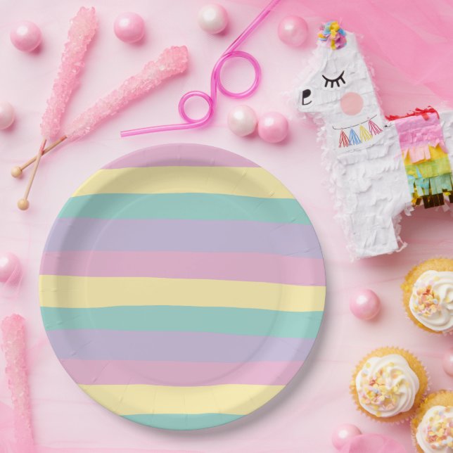 Uneven Stripes-Pastel Pink, Yellow, Purple & Green Paper Plates (Party)