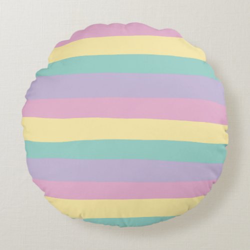 Uneven Stripes_Pastel Pink Yellow Purple  Green Round Pillow
