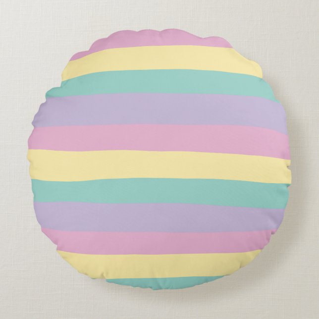 Uneven Stripes-Pastel Pink, Yellow, Purple & Green Round Pillow (Front)