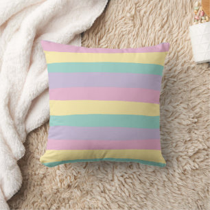 Uneven Stripes-Pastel Pink, Yellow, Purple & Green Throw Pillow