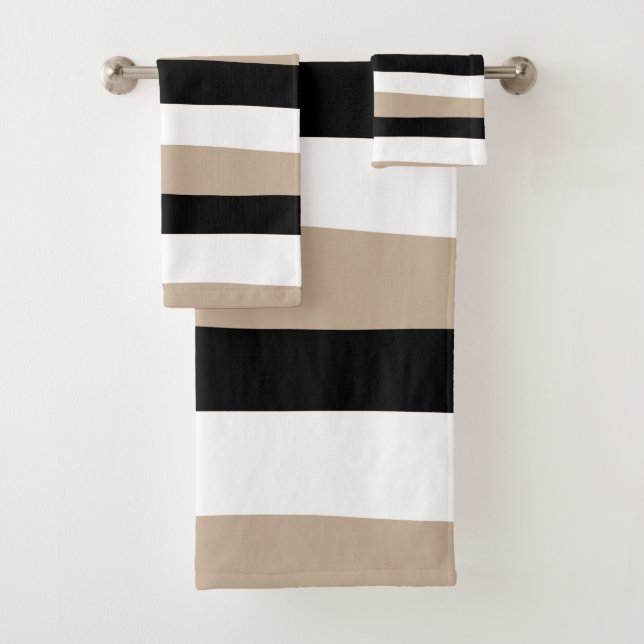 Uneven Stripes - Taupe, Black and White Bath Towel Set (Insitu)
