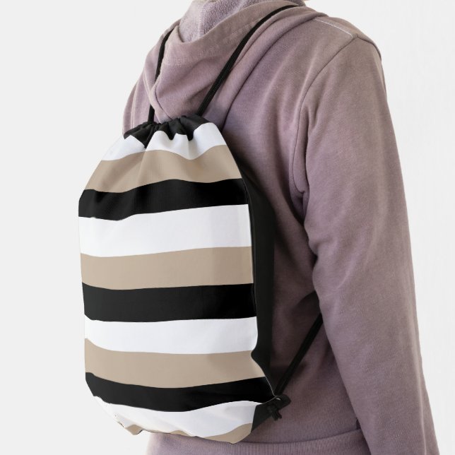 Uneven Stripes - Taupe, Black and White Drawstring Bag (Insitu)