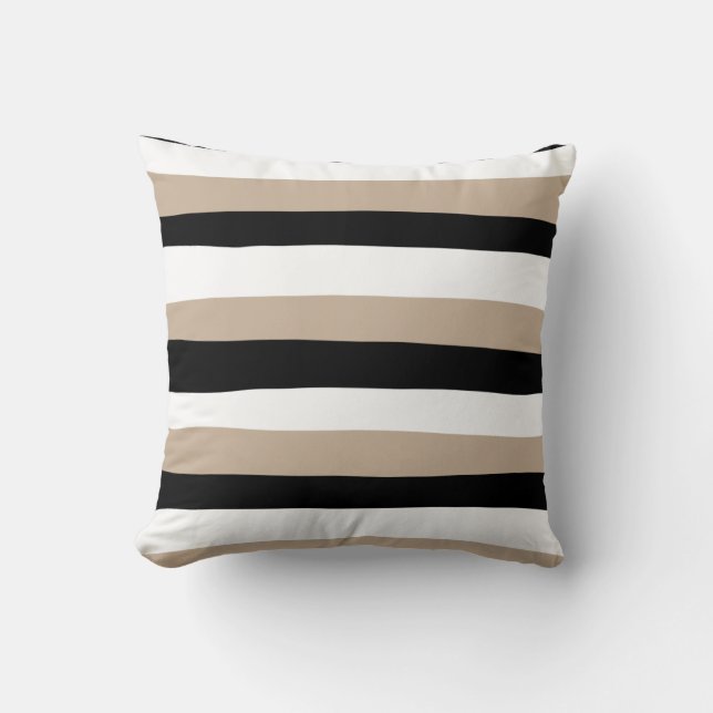 Uneven Stripes - Taupe, Black and White Throw Pillow (Front)