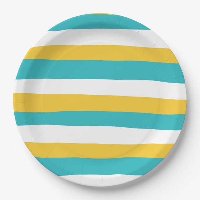 Uneven Stripes - Turquoise and Yellow Paper Plates (Front)