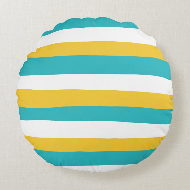 Uneven Stripes - Turquoise and Yellow Round Pillow (Front)