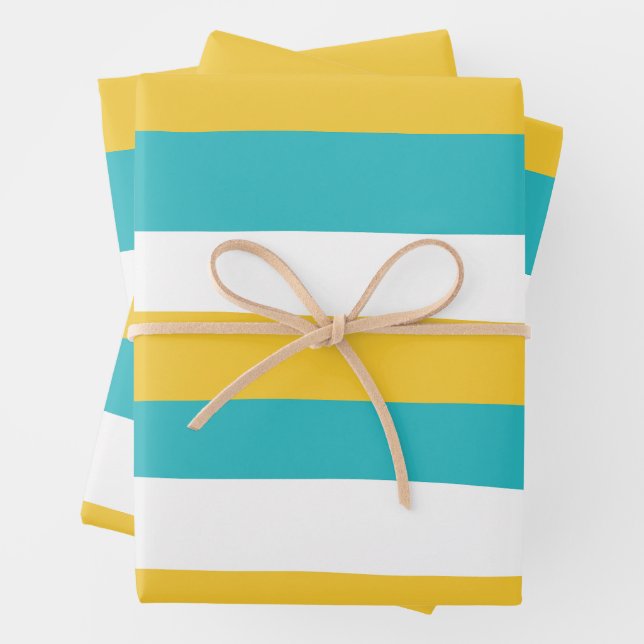 Uneven Stripes - Turquoise and Yellow Wrapping Paper Sheets (In situ)