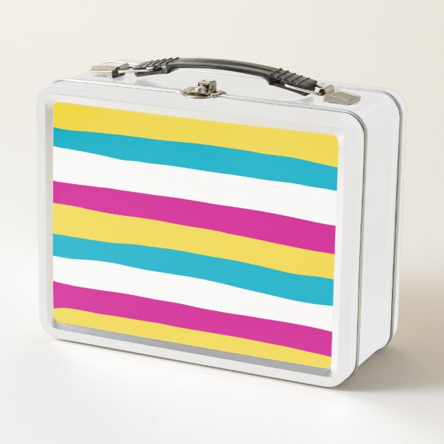 Uneven Stripes - Turquoise, Yellow, Pink and White Metal Lunch Box (Front)
