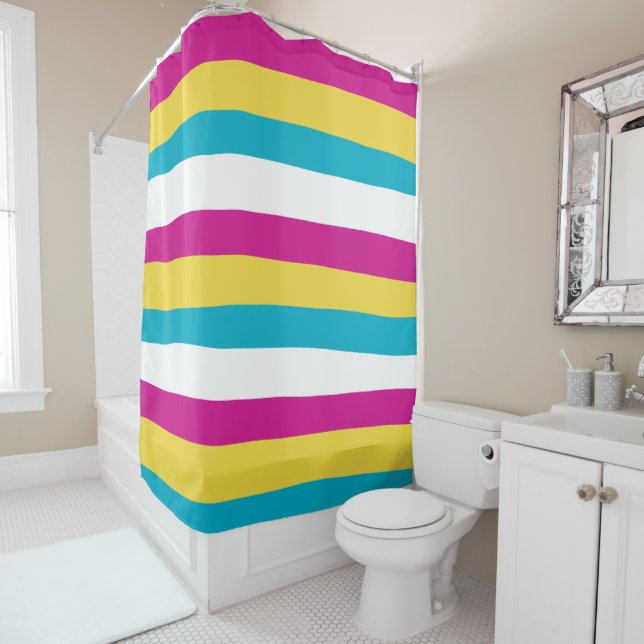 Uneven Stripes - Turquoise, Yellow, Pink and White Shower Curtain (In Situ)
