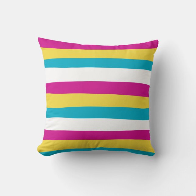 Uneven Stripes - Turquoise, Yellow, Pink and White Throw Pillow (Front)