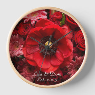 Unexpected Red Floral Personalized Clock