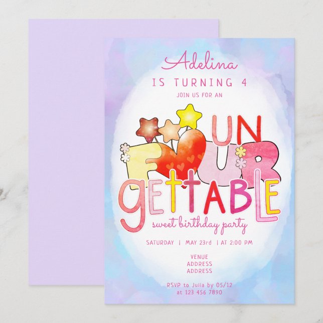 Unforgettable Sweet Heart Girl 4th Birthday Party  Invitation (Front/Back)