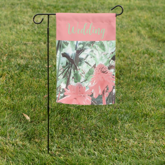 Unforgettable Tropical Peach Wedding Welcome Garden Flag (In SItu)