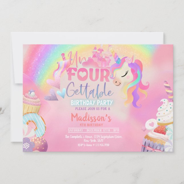 Unfourgettable Unicorn Donut Sweet 4th Birthday Invitation (Front)