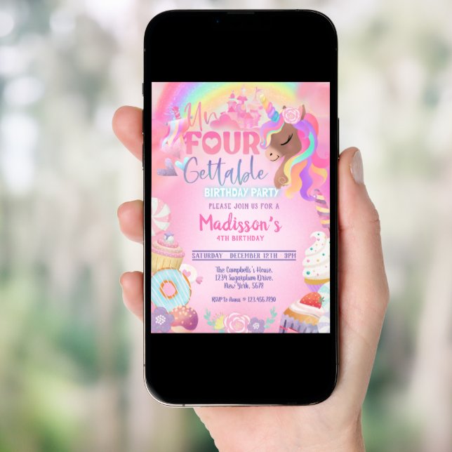Unfourgettable Unicorn Sweet Girl 4th Birthday  Invitation (Front Digital)