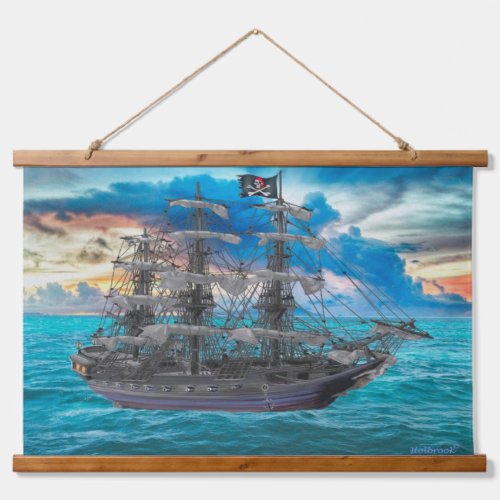 UNFURLED PIRATE SHIP AT SUNSET HANGING TAPESTRY