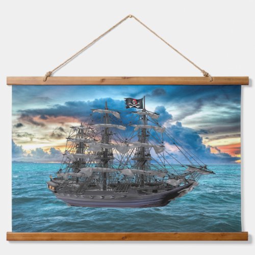 Unfurled Pirate Ship at Sunset Hanging Tapestry
