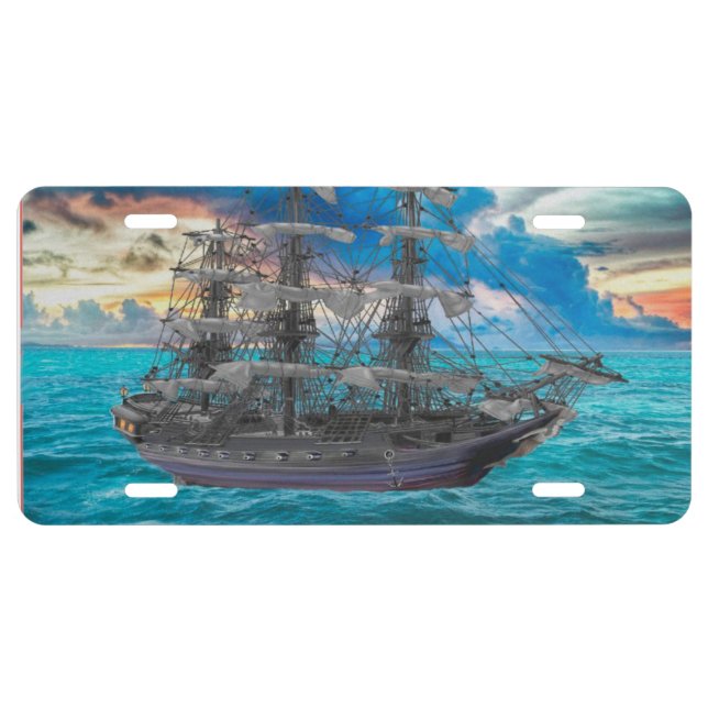 Unfurled Pirate Ship at Sunset License Plate (Front)