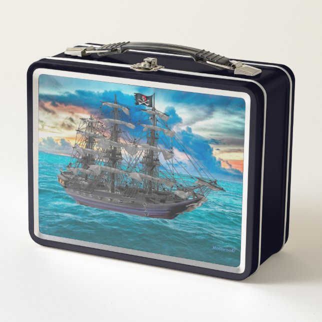 UNFURLED PIRATE SHIP AT SUNSET METAL LUNCH BOX (Front)