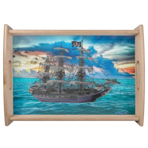 UNFURLED PIRATE SHIP AT SUNSET SERVING TRAY