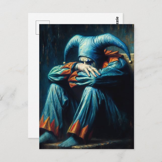 Unhappy Jester Wearing Blue and Orange  Postcard (Front/Back)