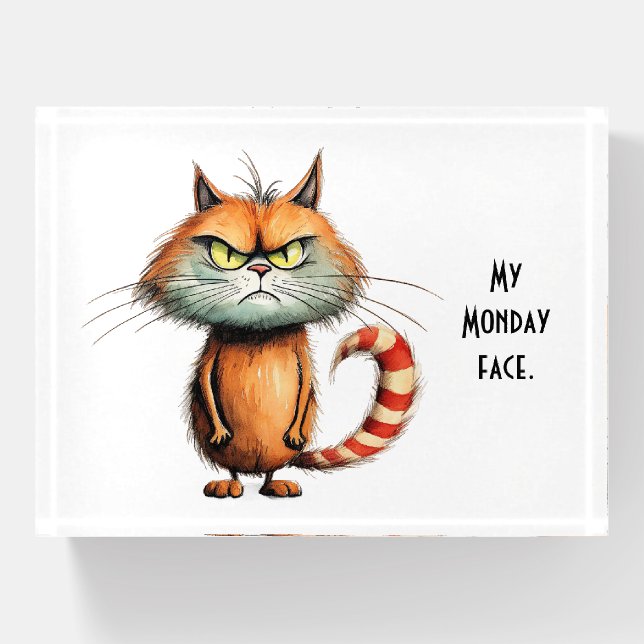 Unhappy Orange Cartoon Cat My Monday Face Paperweight (Front)