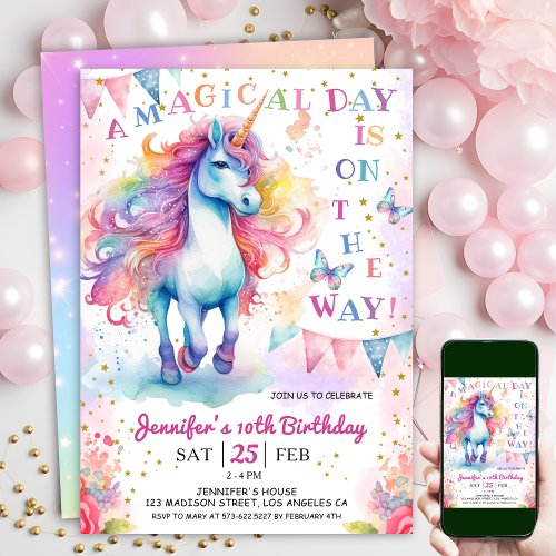 Unicorn 10th Birthday Fairy Floral Rainbow  Stars Invitation
