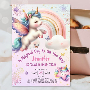 Unicorn 10th Birthday Girl Purple Pink Rainbow Invitation