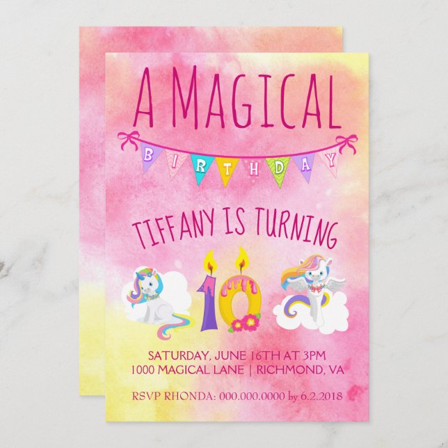 Unicorn 10th  birthday party pink invitation (Front/Back)