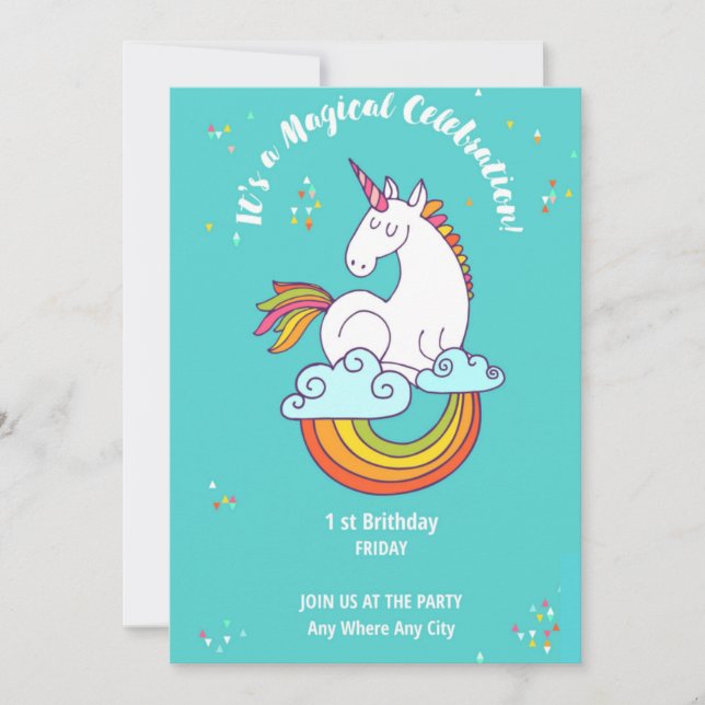 Unicorn 1 ST Birthday Gold Teal Pink Purple  Invitation (Front)