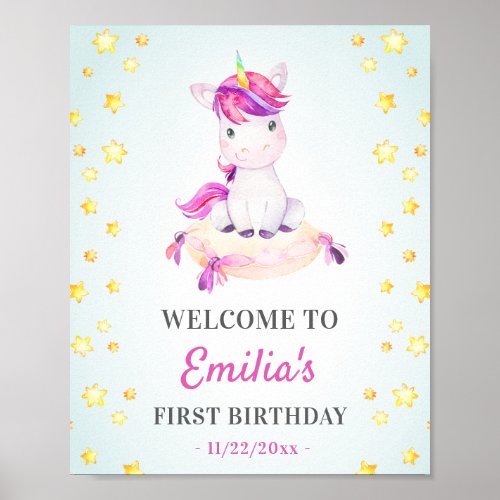 Unicorn 1st 2nd 3rd Girl Birthday Party Welcome Poster