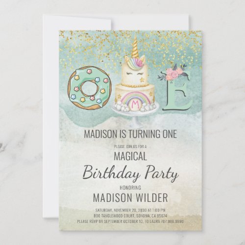 Unicorn 1st Birthday Aqua Pink Invitation