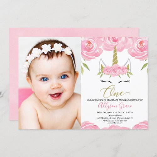 Unicorn 1st birthday elegant floral photo invitation