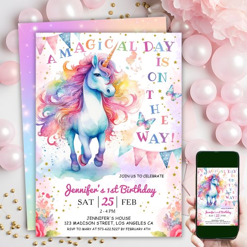 Unicorn 1st Birthday Fairy Floral Rainbow  Stars  Invitation