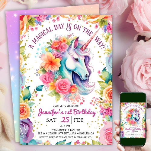 Unicorn 1st Birthday  Floral Rainbow and Stars  Invitation