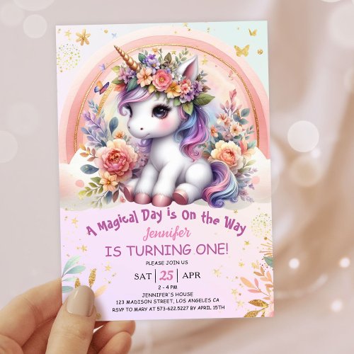Unicorn 1st Birthday Girl Pink Floral Rainbow Invitation