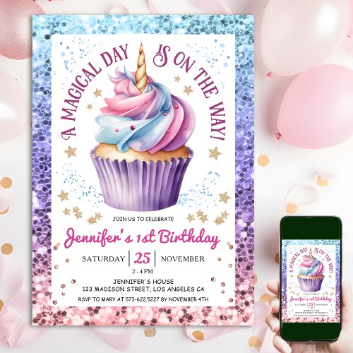 Unicorn 1st Birthday Glitter Rainbow Cupcake Invitation