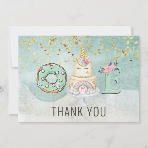 Unicorn 1st Birthday Gold Aqua Pink  Thank You Card
