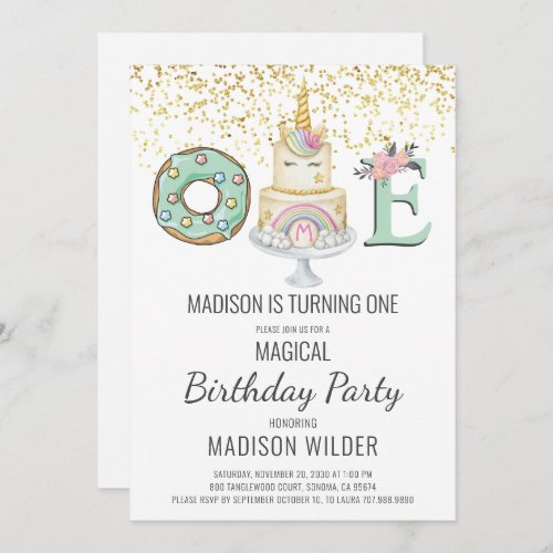 Unicorn 1st Birthday Gold Aqua Pink White Invitation