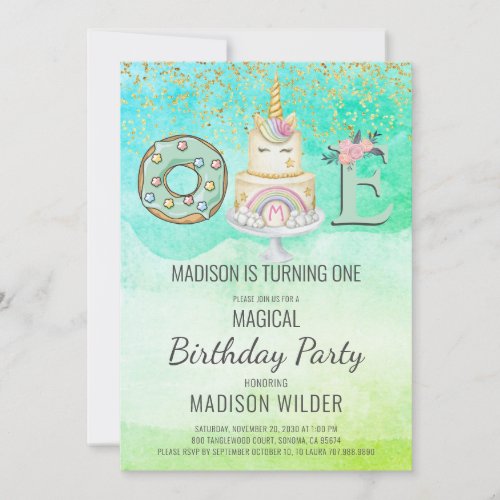 Unicorn 1st Birthday Gold Green Pink Invitation