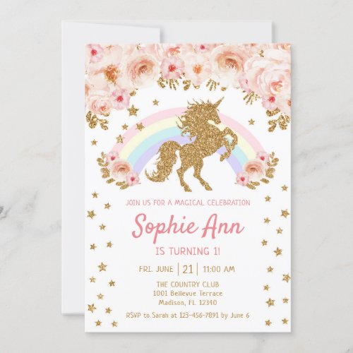 Unicorn 1st Birthday _ Gold Pink Invitation